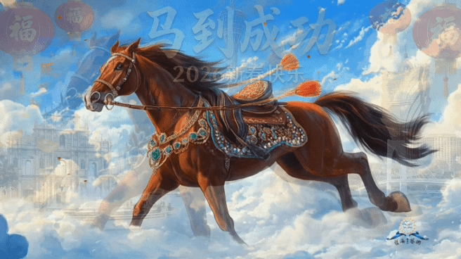 “Galloping in, spring’s fortune rides the steed.”